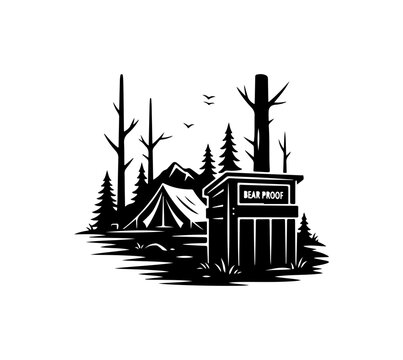 Bear Proof Food Storage Box in Forest Camping Scene - Black Vector Illustration