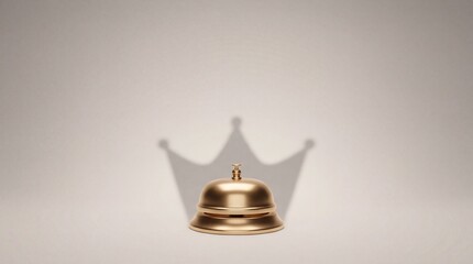 Fototapeta premium A small unbranded gold service bell sits on a clean studio surface, precisely lit to cast a subtle crown-shaped shadow on a seamless neutral gradient background for an upscale hospitality mood.