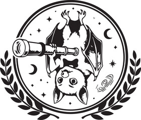 Astronomer Bat Mascot Charming Black and White Circular Emblem of a Bat Hanging Upside Down with a Telescope under a Night Sky