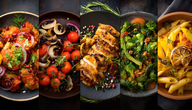 Collage of food in the dishes. A variety of food, vegetables, chicken, close-up and top view. Options for dishes.