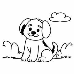 Fototapeta premium A cute happy cartoon puppy sitting outdoors with bushes and a cloud, perfect for coloring