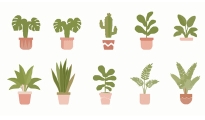 Cute potted houseplants vector set in flat cartoon style for home decor and interior design