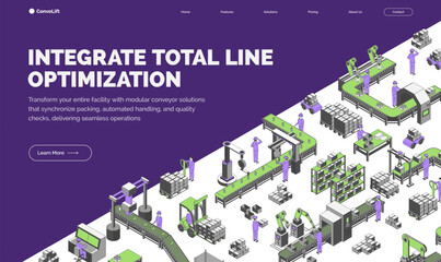 Cartoon Color Integrate Total Line Optimization Conveyor Processes Factory Concept Banner 3d Isometric View. Vector illustration