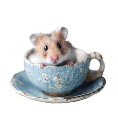 Adorable hamster in vintage blue teacup with saucer in soft natural lighting for pet advertising