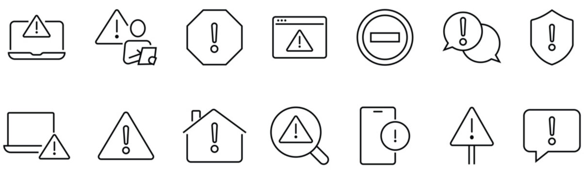 Collection of warnings icons in line style. workplace security, protection, health, hazard, danger alert and more. Safety first concept icon. Vector illustration