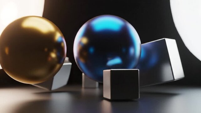 Abstract composition of metallic spheres and cubes reflecting light
