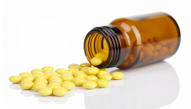 Amber pill bottle tipped over with yellow tablets spilling out onto a reflective surface, A brown glass medicine bottle lies on its side with numerous small yellow pills scattered around it