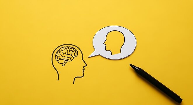 Drawing concept of communication and thought transfer between two minds using a marker
