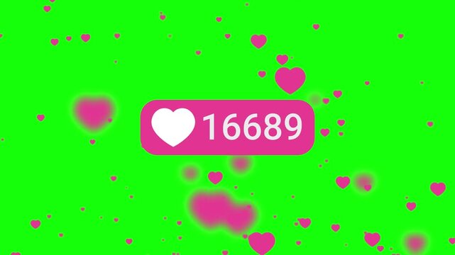 Rapidly growing like counter on bright green background with pink heart floating up all around.