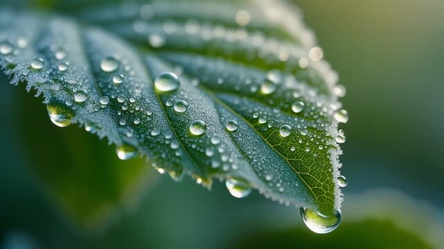 Frosted green leaf with water droplet close up morning dew macro, leaf, water droplet, dew, frost, macro, close up, green. frosted dewdrops macro