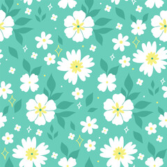 Seamless pattern with white flowers on a turquoise background. Vector graphics.