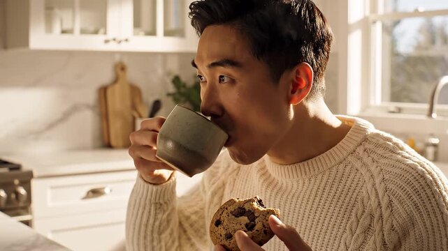 A Young Man Enjoys Coffee and a Cookie in a Bright, Modern Kitchen Setting