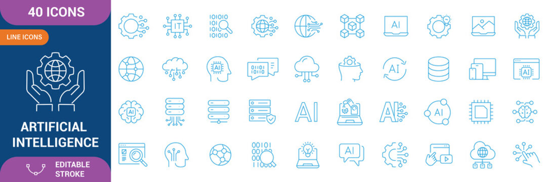 Artificial Intelligence icon set. Machine learning, neural network, deep learning, robotics, automation, data science, algorithm, chat bot, smart technology. Editable vactor