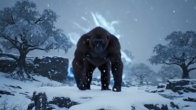 Gorilla in Snowy Landscape with Lightning.