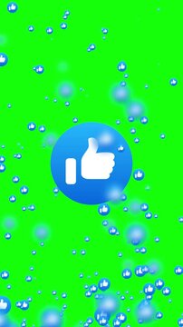 Chernihiv, Ukraine - January 31 2026. Vertical social media thumb up animation of a single big icon in the center of the screen on green background with many floating smaller icons floating up.