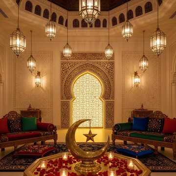 Opulent Middle Eastern room set up for Ramadan or Eid