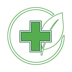 Obraz premium Green cross icon with leaf symbolizing health and wellness enclosed in a circular frame representing medical care nature and well being