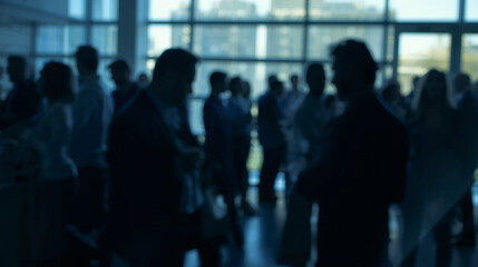 Fototapeta premium Soft defocused background of anonymous people silhouettes at a modern business networking event