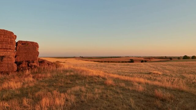A tranquil drone travelling shot over golden summer fields in Burgos, Spain, during sunset. The warm light bathes the landscape, with hay bales and open farmland stretching to the horizon.