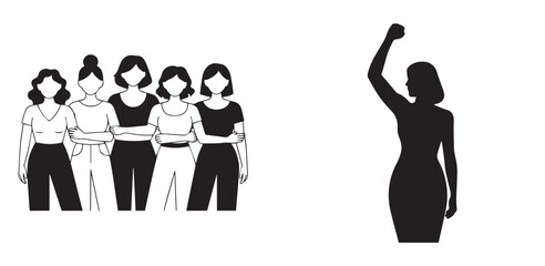 Vector illustration of diverse women group and female protestor silhouette with raised fist, isolated on white