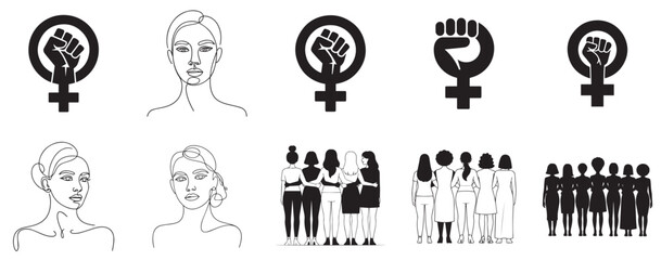 Feminist vector icon set: female symbol with raised fist, continuous line women portraits, diverse group of women, isolated on white