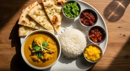 Delicious indian thali meal with curry rice and naan bread