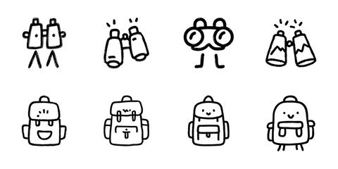 Fototapeta premium Binoculars And Backpacks Line Icon Set In Doodle Style. Outdoor Exploration And Adventure Gear Outline Sketch Collection. Camping And Hiking Essentials. Hand Drawn Isolated Vector Illustration