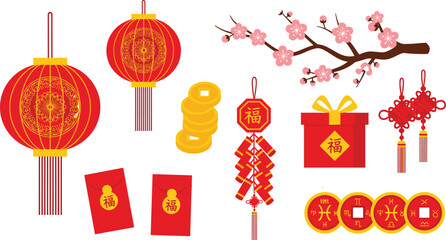 chinese new year festival decoration lantern red gold traditional holiday celebration oriental vector set