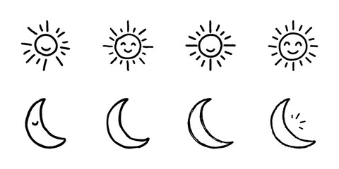 Fototapeta premium Sun And Moon Line Icon Set In Doodle Style. Day And Night Cycle, Time Passage, And Celestial Symbols Outline Sketch Collection. Hand Drawn Isolated Vector Illustration