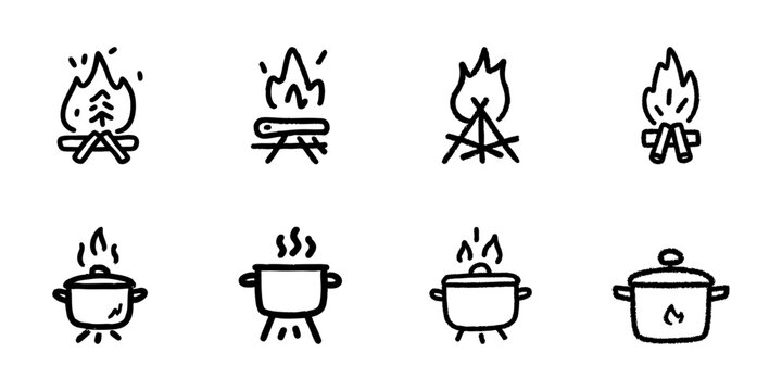 Campfire And Cooking Pot Line Icon Set In Doodle Style. Outdoor Cooking, Camping, And Culinary Adventure Outline Sketch Collection. Hand Drawn Isolated Vector Illustration