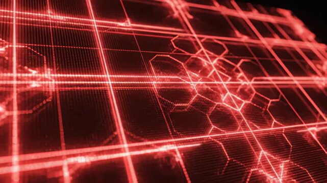 Abstract red grid background with glowing hexagonal pattern animation