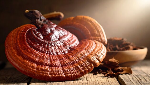 Gleaming, reddish-brown reishi mushrooms on weathered wood, bowl of shredded bark in back