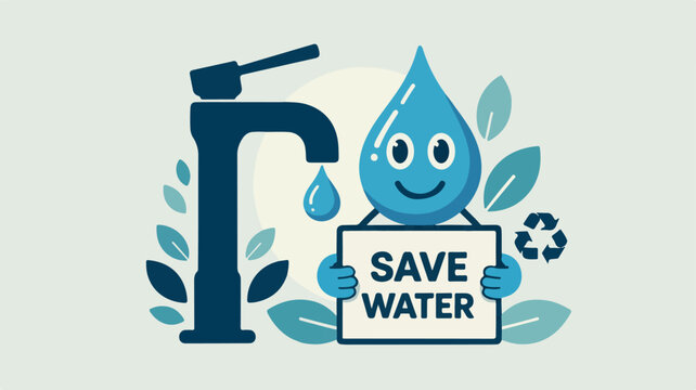 A cartoon water droplet character holding a sign to save water near a faucet surrounded by leaves in an illustration