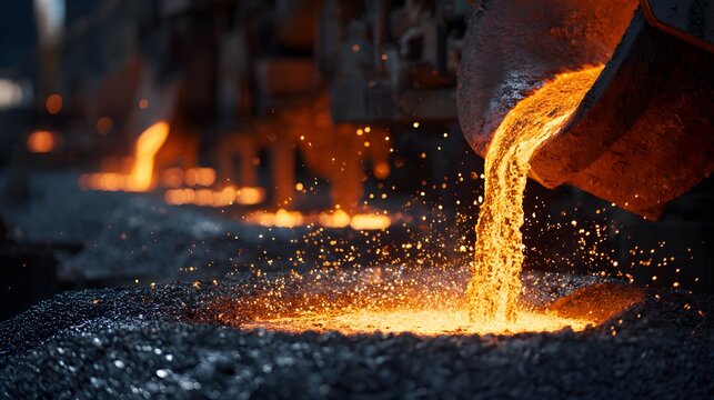 Molten metal pouring from furnace in industrial steel foundry with sparks and intense heat