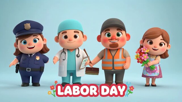 Cute 3D Cartoon Workers Celebrating Labor Day with Different Professions. Video.