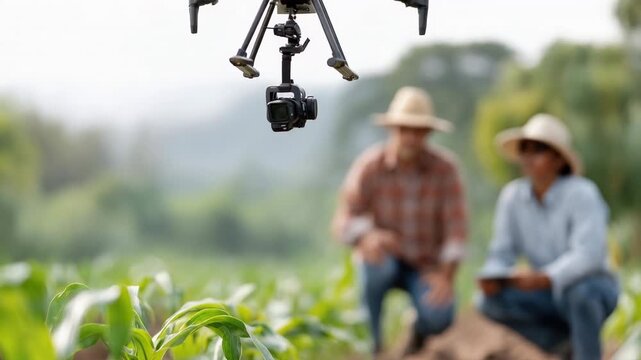Agriculture drone hovering over young corn rows while farmers monitor crop inspection in field