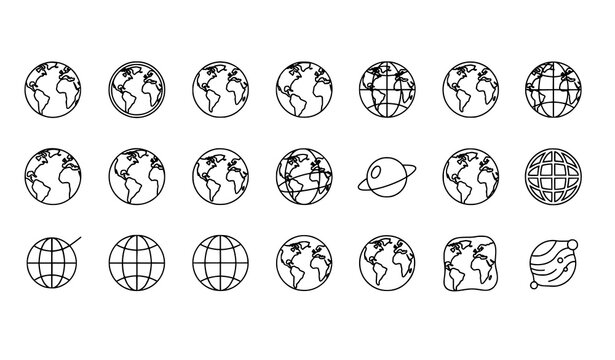 Flat world globe and planet silhouette icons for global business and geography