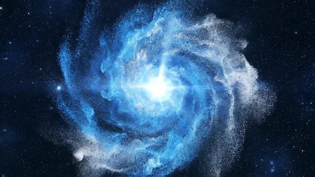 Abstract swirling particle flow with light burst in blue and white
