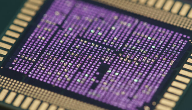 Digital camera CMOS sensor chip macro with iridescent silicon reflections