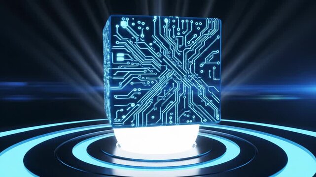 Abstract technology circuit cube with blue light and concentric circles
