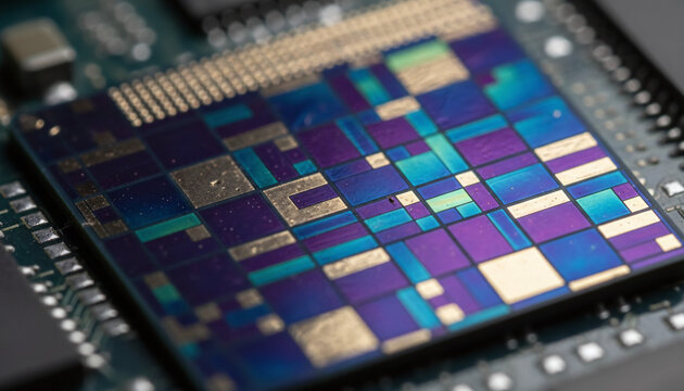 Digital camera CMOS sensor chip macro with iridescent silicon reflections