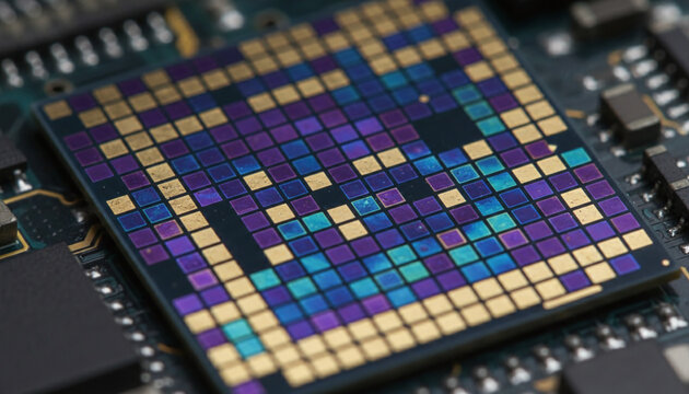 Digital camera CMOS sensor chip macro with iridescent silicon reflections
