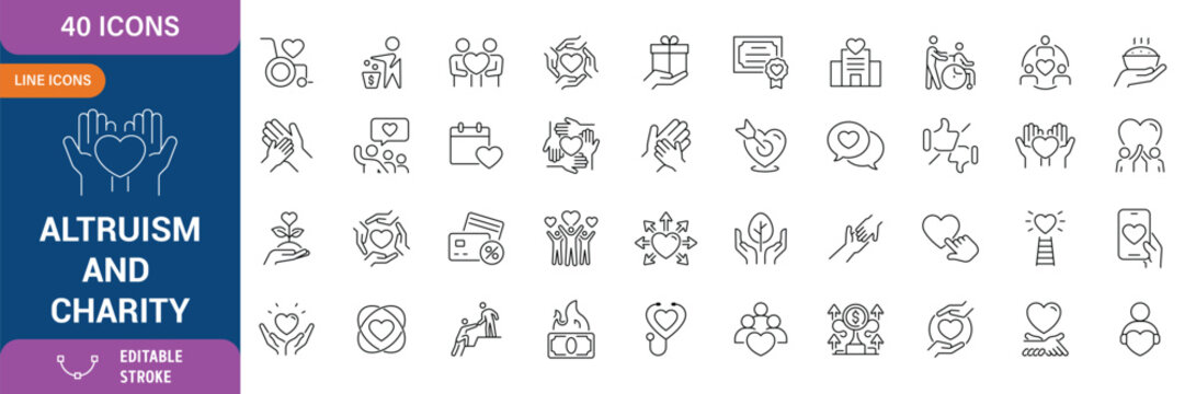 Altruism icon set containing charity, help, empathy, goodwill, caring, generosity, kindness, benevolence, compassion, volunteer support, social care, humanitarian values, community assistance icon.