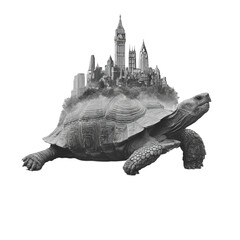 Tortoise with cityscape on shell in surreal monochrome illustration with detailed texture for editorial use