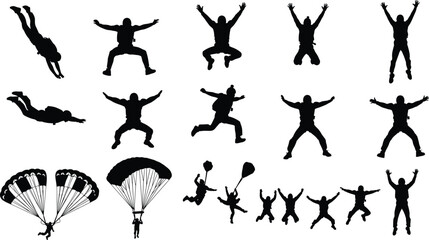skydiving parachute jump silhouette people extreme sport adventure freefall action black vector set © Itz Raju