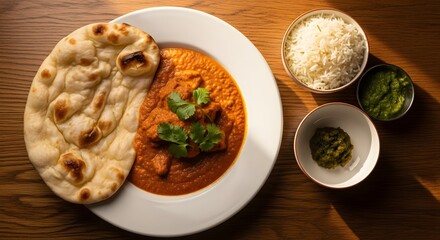 Delicious indian chicken tikka masala served with fluffy naan bread and chutneys