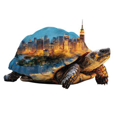 Tortoise with Cityscape Shell in Double Exposure with Vibrant Colors and Urban Texture for Environmental Awareness