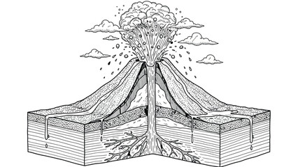 Cross-section illustration of an erupting volcano. Magma chambers, lava flow, and smoke are shown. Adds an educational and dynamic tone. © Yesyx