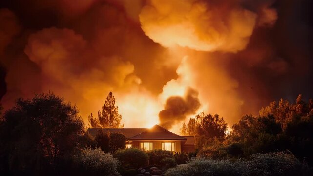 Suburban house silhouetted by massive wildfire smoke plume and orange glow at night behind trees
