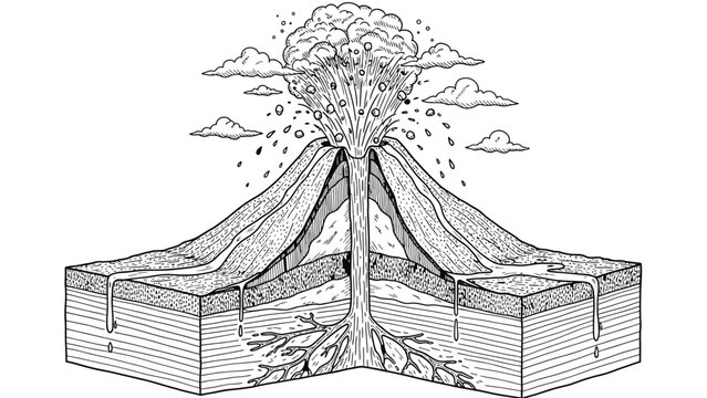 Cross-section illustration of an erupting volcano. Magma chambers, lava flow, and smoke are shown. Adds an educational and dynamic tone.